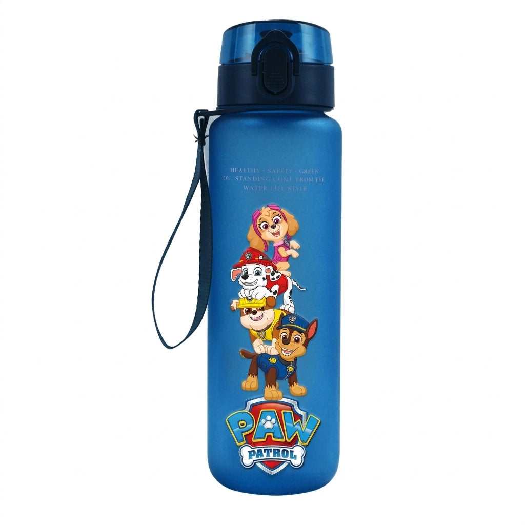 Gourde PAW Patrol 650 ml bleue, avec bouchon et dragonne, grand motif personnages.