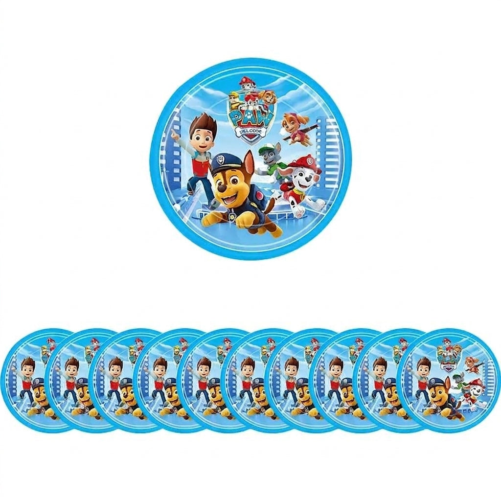 Assiettes anniversaire rondes Pat Patrouille, lot de 10, décor chiens coloré