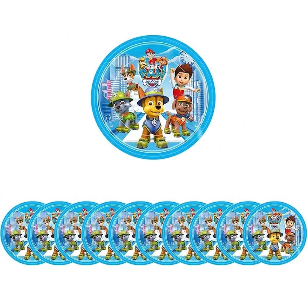 Assiettes anniversaire Pat Patrouille Ø23 cm, lot de 10, rondes bleues à personnages