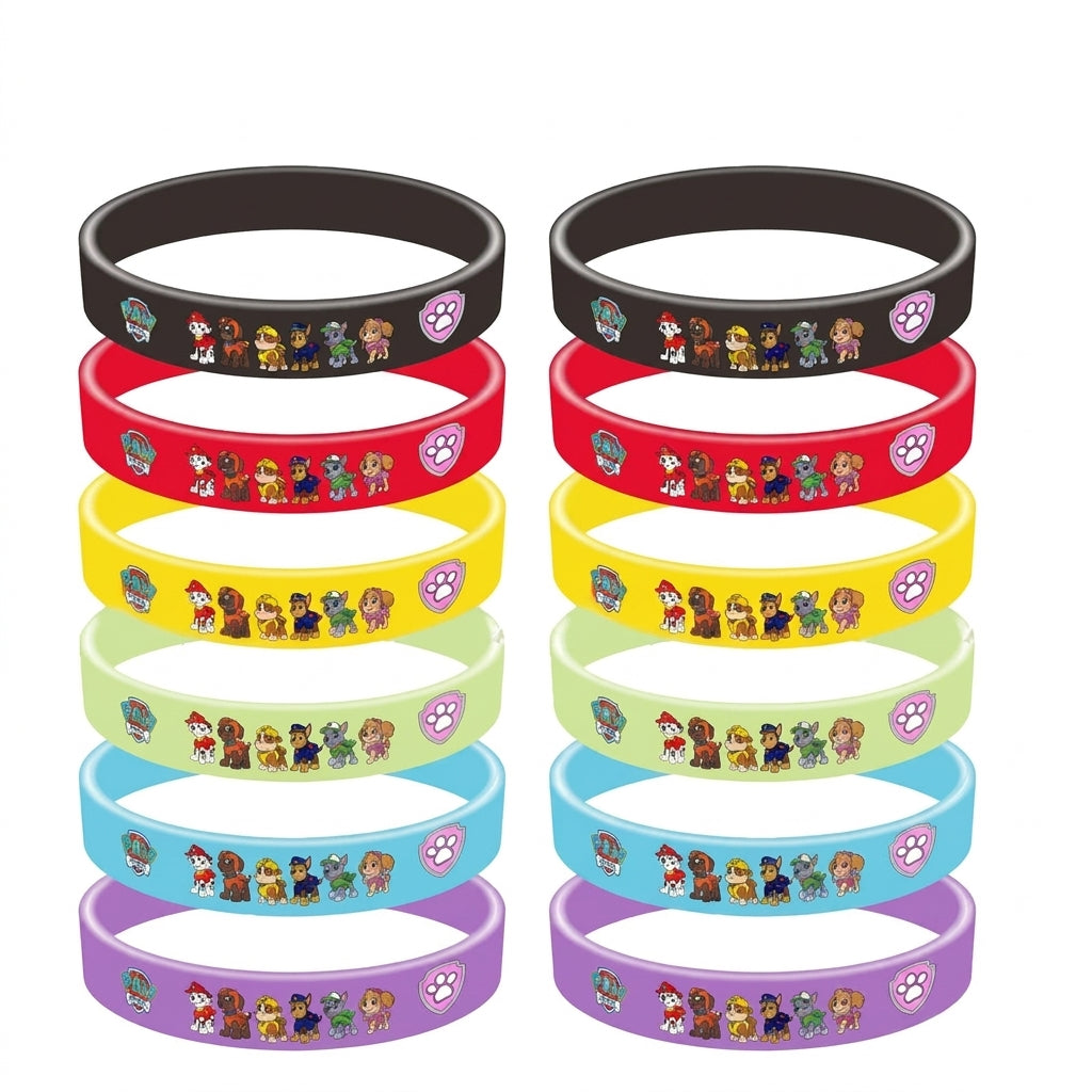 Lot de 12 bracelets d’anniversaire Pat Patrouille en 6 couleurs, décor pattes et personnages.