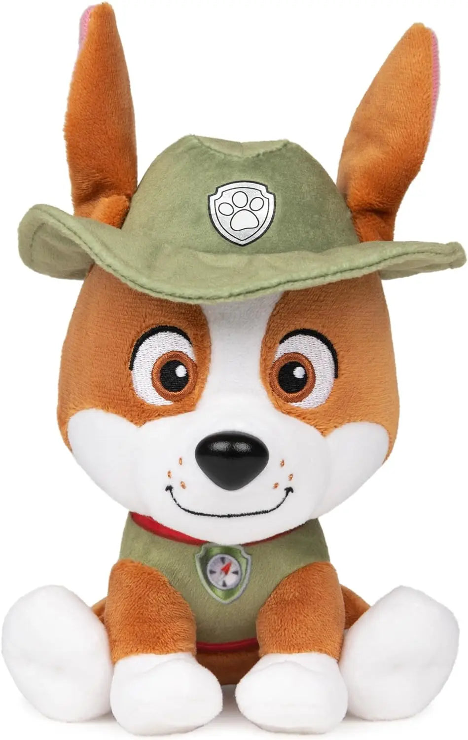 Peluche Tracker Pat Patrouille : chien orange, chapeau vert et écusson, col gris.