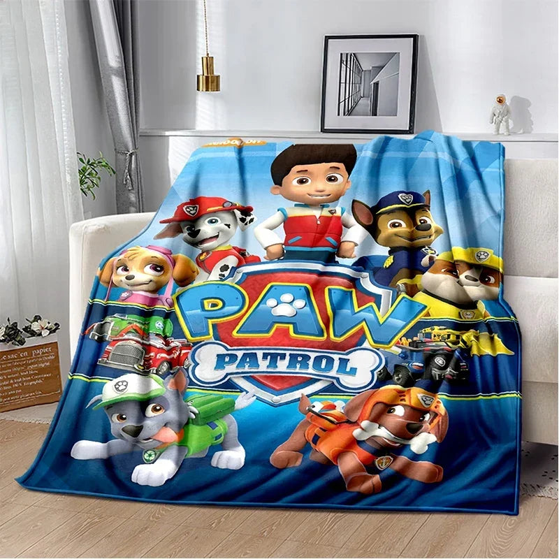 Couverture plaid bleue Pat Patrouille avec personnages et logo Ryder