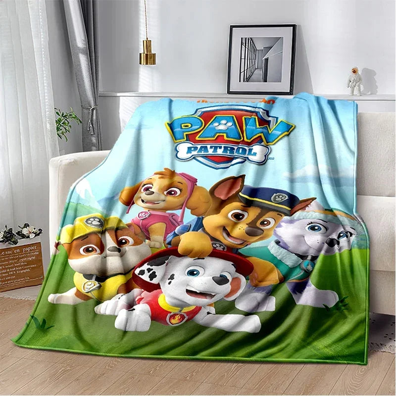 Couverture plaid bleu ciel/vert avec personnages Pat Patrouille