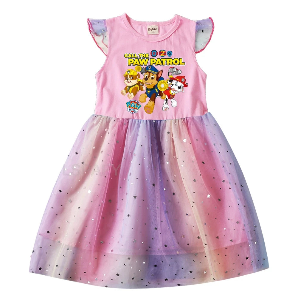 Robe Pat' Patrouille pour fille, haut rose imprimé toute l'équipe sous le logo et jupe en tulle arc-en-ciel