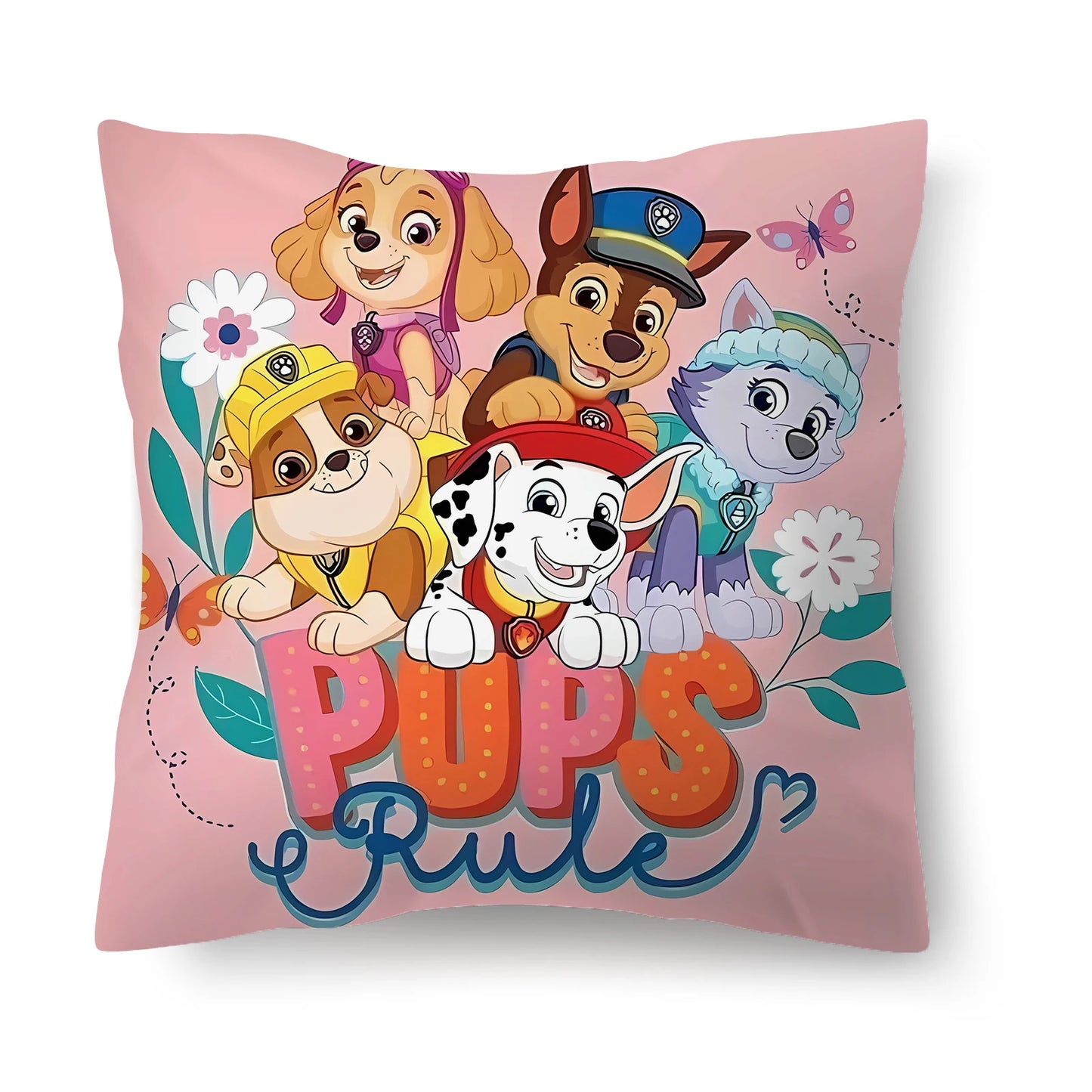 Coussin rectangulaire rose à motif chiots, fleurs et papillon multicolores