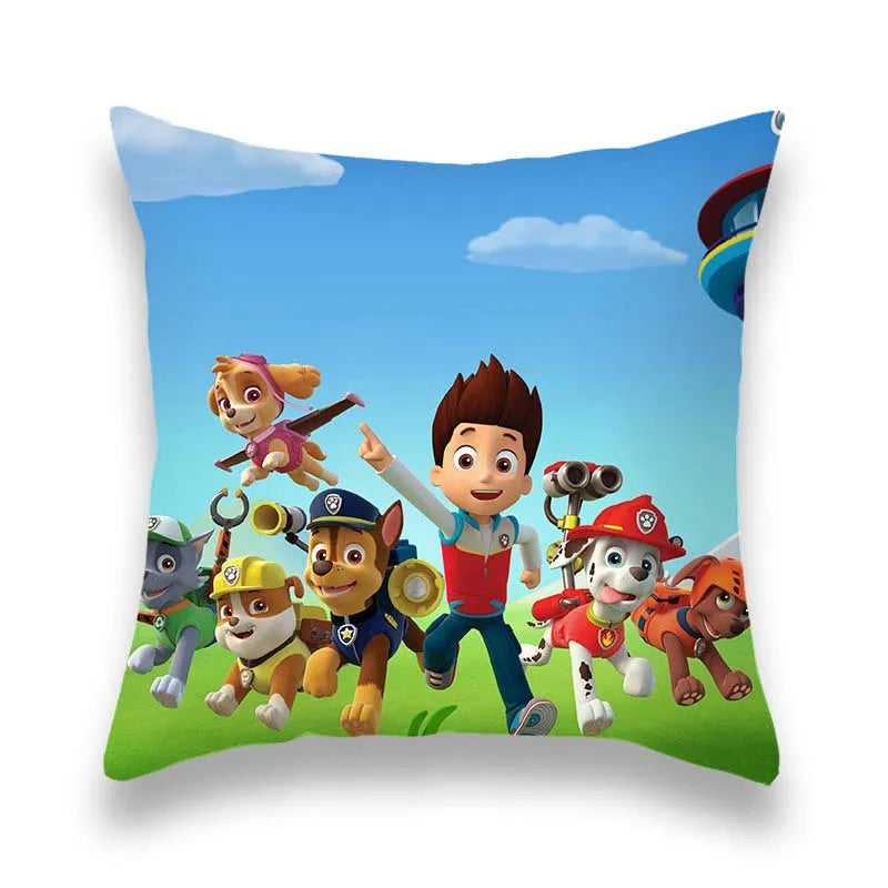 Coussin carré bleu à motif Pat Patrouille, personnages et chiens colorés, polyester