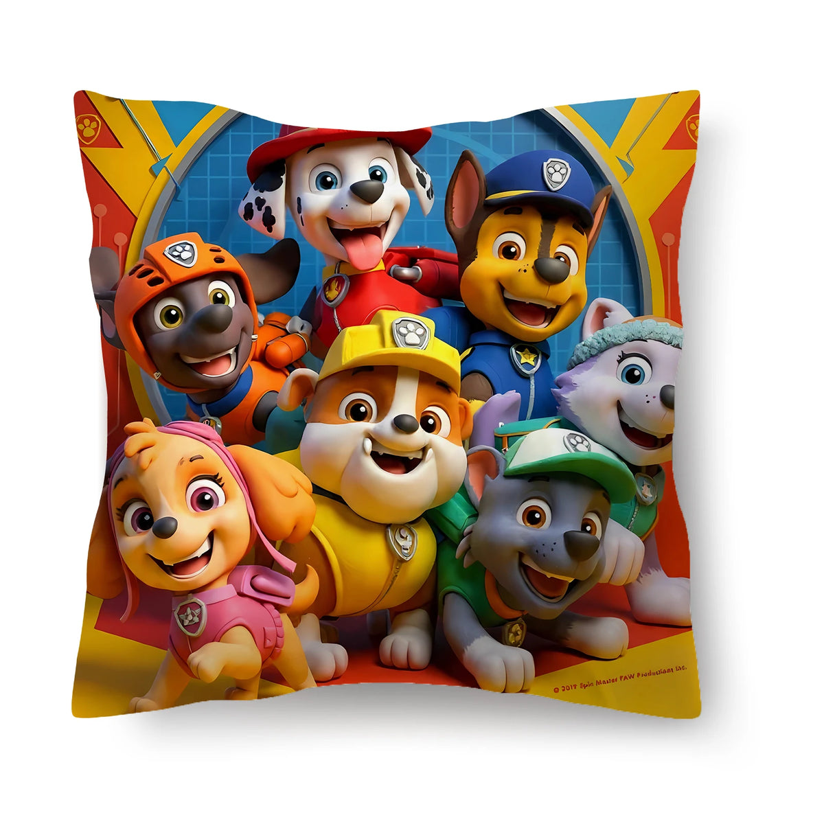 Coussin rouge carré à motif Pat Patrouille, chiots dessinés.