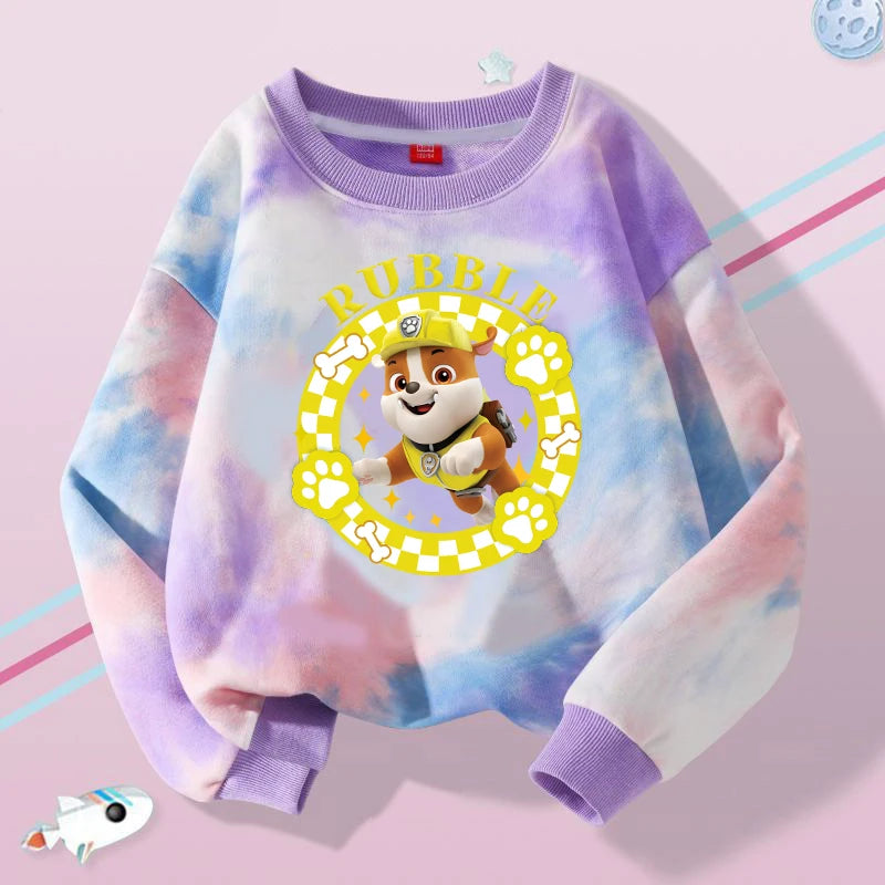 Pull Pat Patrouille tie-dye violet à col rond, motif Rubble souriant en médaillon