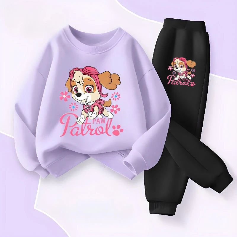 Ensemble fille Pat Patrouille : sweat lilas et pantalon noir, motif Stella.