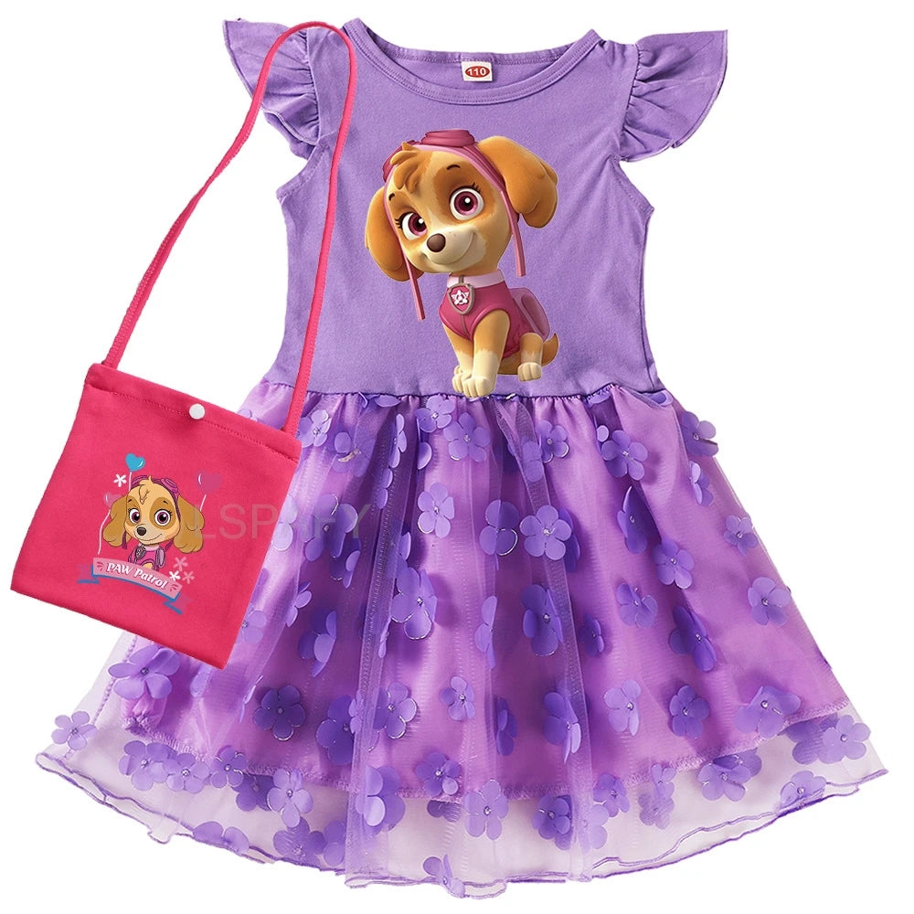 Robe Pat' Patrouille pour fille, Stella, jupe violette à fleurs et pochette fuchsia, manches volantées