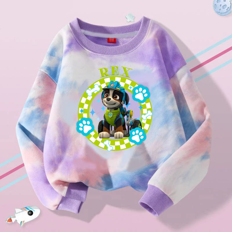 Pull Pat Patrouille tie-dye violet, col rond, manches longues, imprimé Rex et pattes