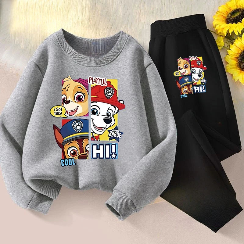 Ensemble sweat gris chiné et pantalon de jogging noir, motif chiots multicolore «HI»