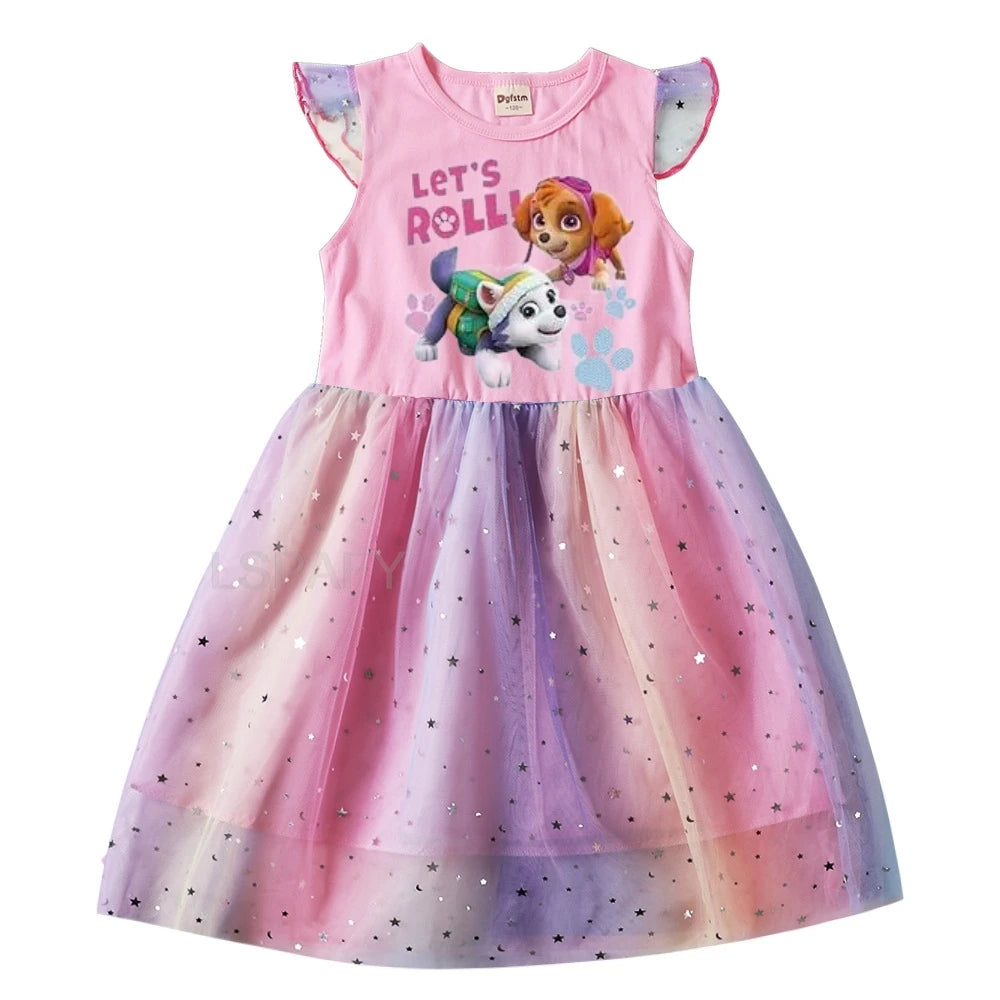 Robe Pat' Patrouille pour fille, haut rose imprimé Stella et Everest « Let's Roll » et jupe en tulle arc-en-ciel