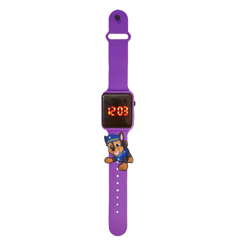 Montre LED enfant bracelet violet, cadran carré chiffres rouges 12:03 et motif Pat Patrouille