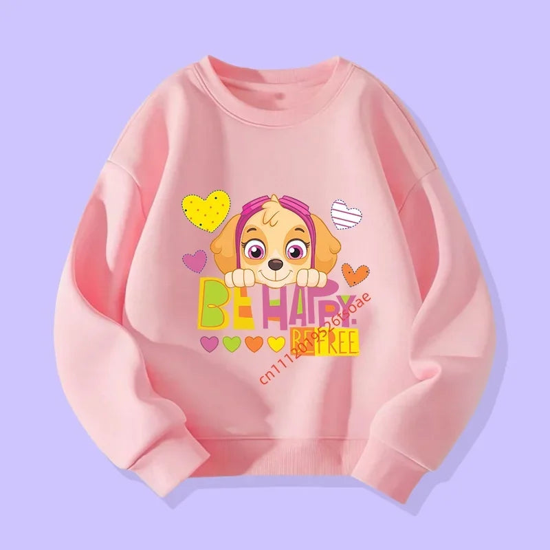 Pull enfant rose, motif chiot “Be Happy” avec cœurs sur le devant