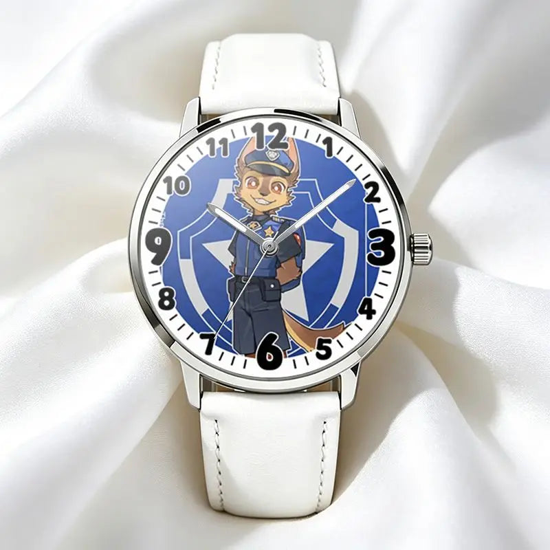Montre enfant Chase, cadran policier sur fond bleu, bracelet cuir blanc