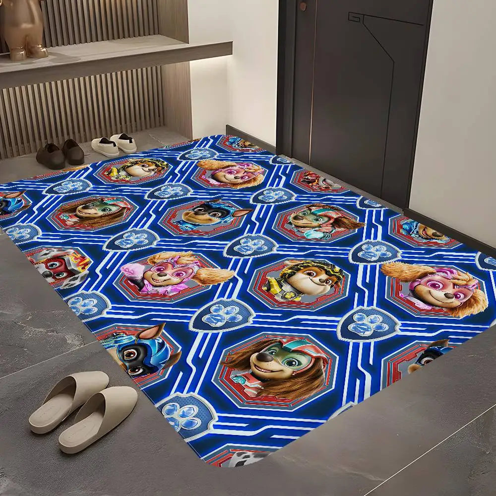 Tapis de chambre Pat' Patrouille, portraits des chiots en médaillons sur fond bleu, posé au sol devant une porte