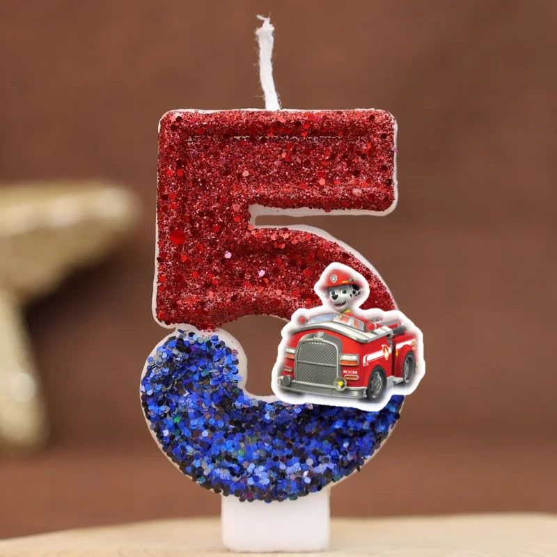 Bougie d’anniversaire Pat Patrouille chiffre 6 paillettes rouges et bleues, motif