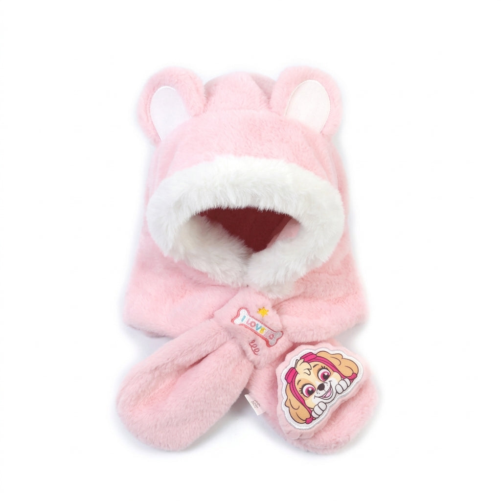 Cagoule peluche Pat' Patrouille rose à petites oreilles, écusson Stella