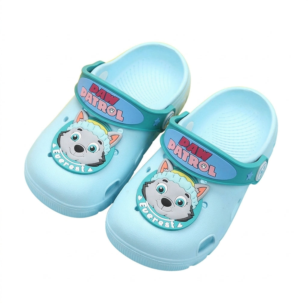 Sabots à trous Pat' Patrouille bleu ciel, écusson Everest sur le dessus, sangle Paw Patrol turquoise