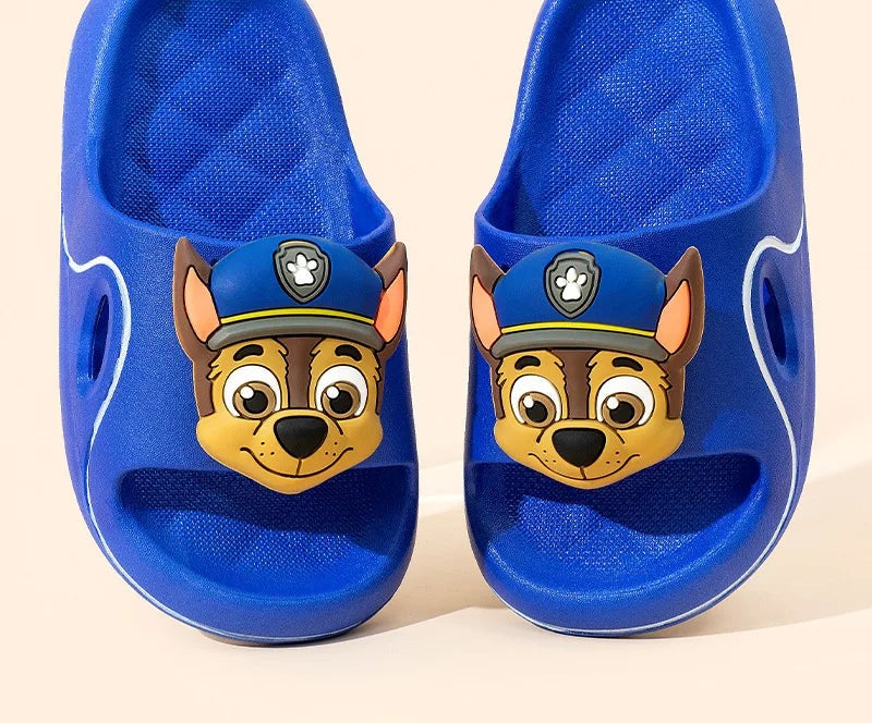 Claquettes Pat Patrouille Marcus bleues, motif tête de chien sur l’empeigne