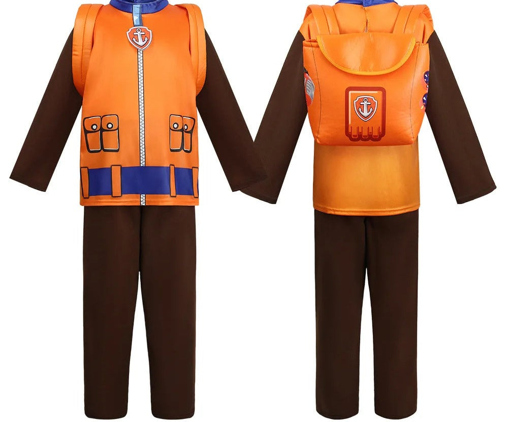 Déguisement enfant Zuma : veste orange avec écusson, pantalon marron, sac à dos