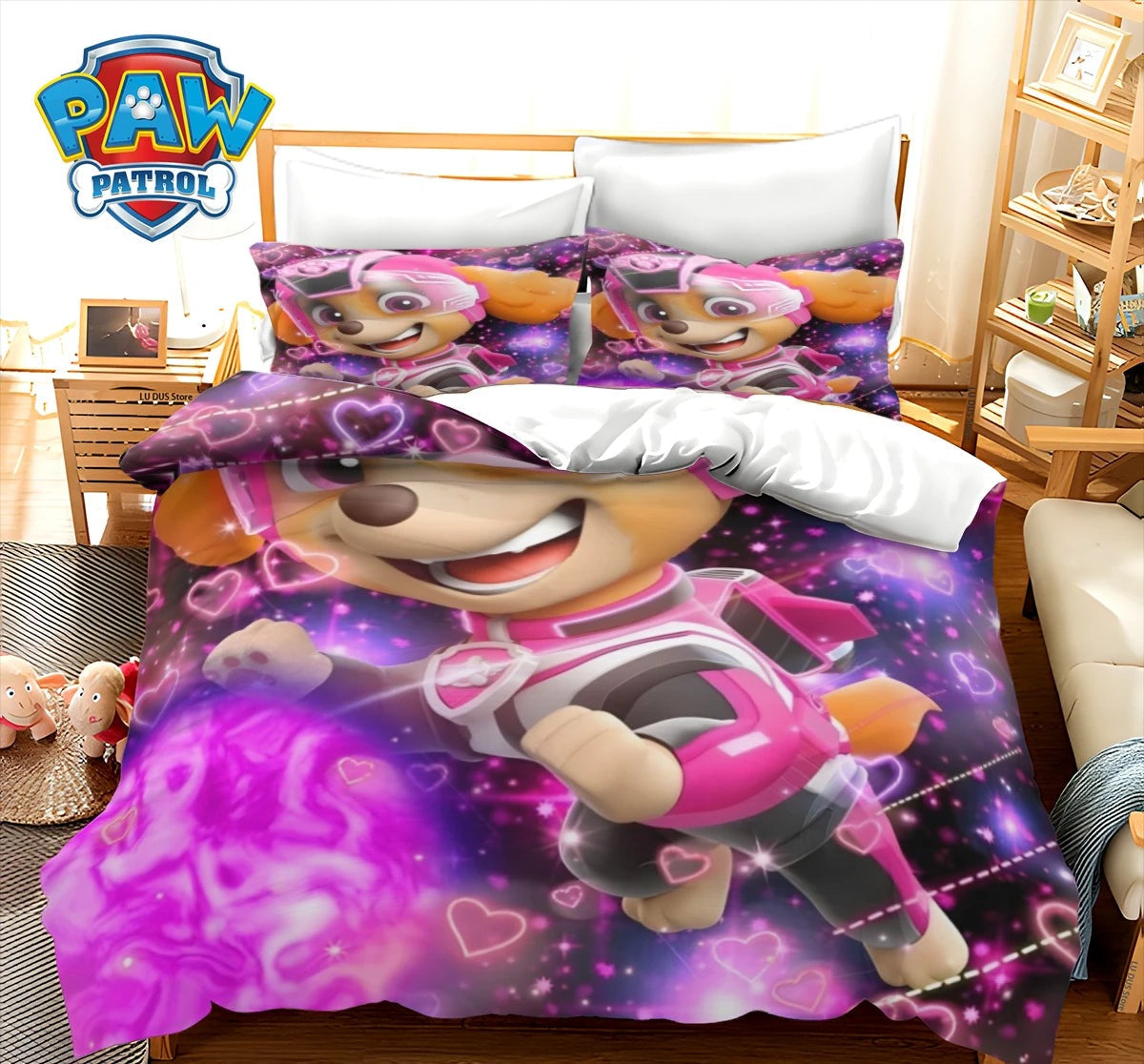 Parure de lit Pat Patrouille : housse couette violette à motifs cœurs, héros sur coussins