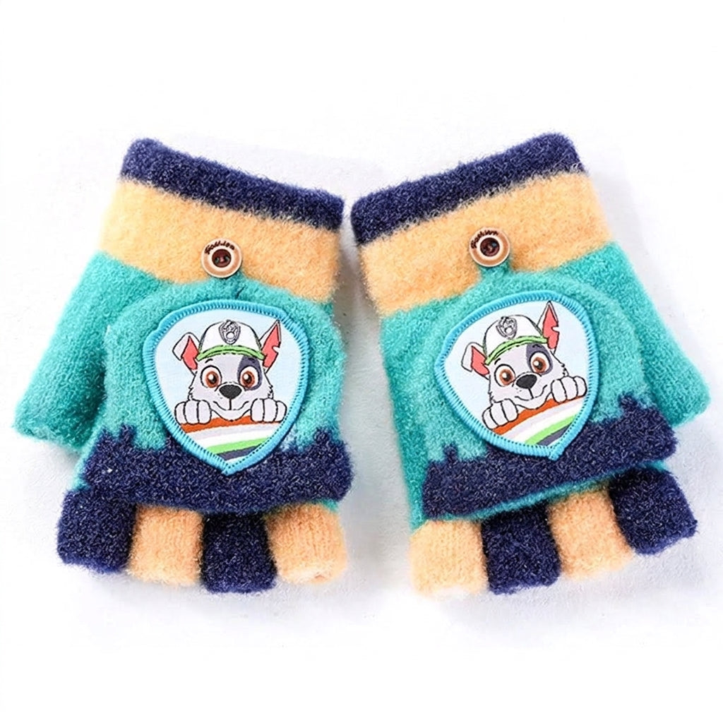 Gants-mitaines à rabat Pat' Patrouille turquoise et bleu marine, écusson brodé de Rocky