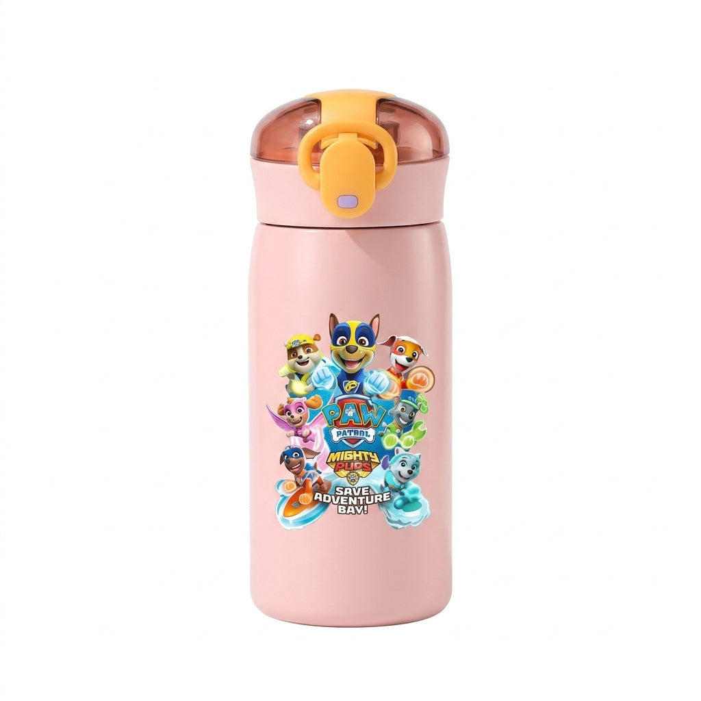 Gourde isotherme inox Pat' Patrouille 460 ml, rose, les chiots en tenue de super héros