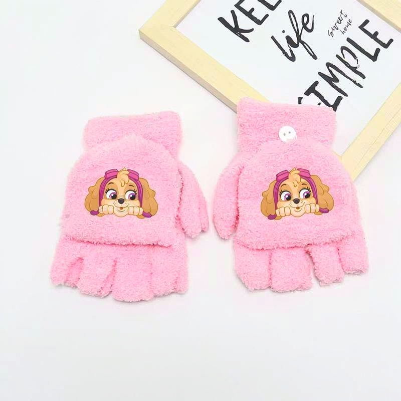 Paires de gants roses en peluche, motif chien et bouton sur le dessus