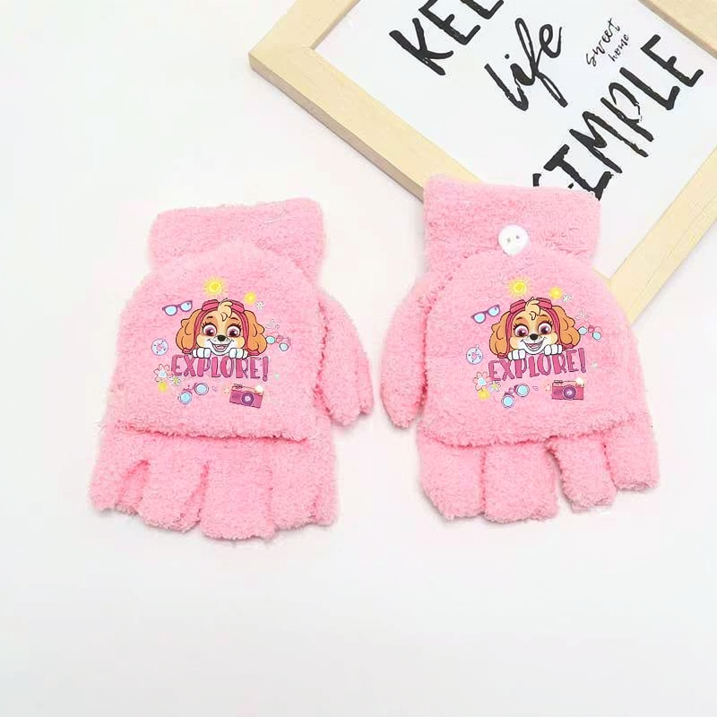 Paire de gants en peluche rose avec motif chiot et texte « Explore! »