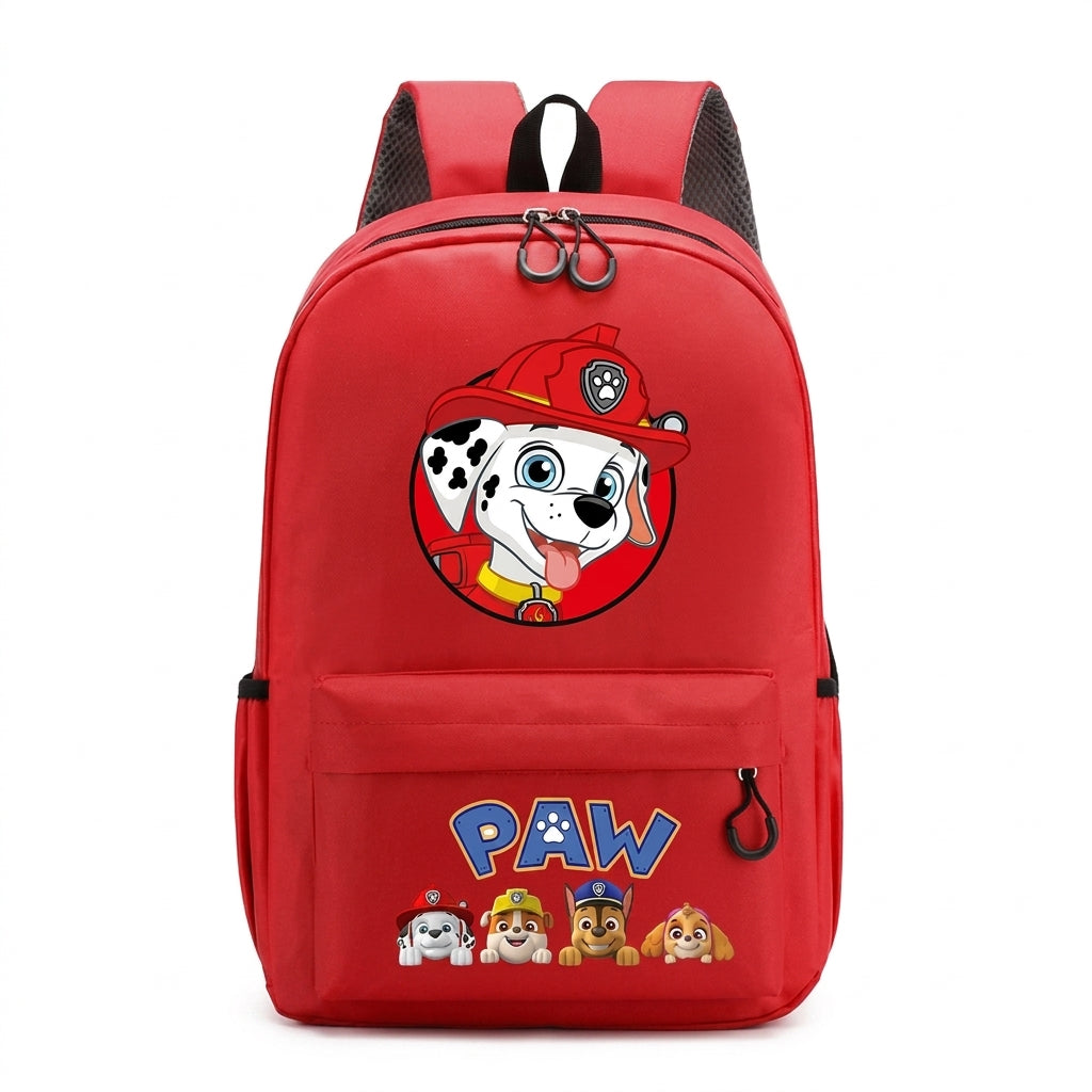 Sac à dos rouge Pat Patrouille avec motif Marcus, poche zippée et bretelles noires