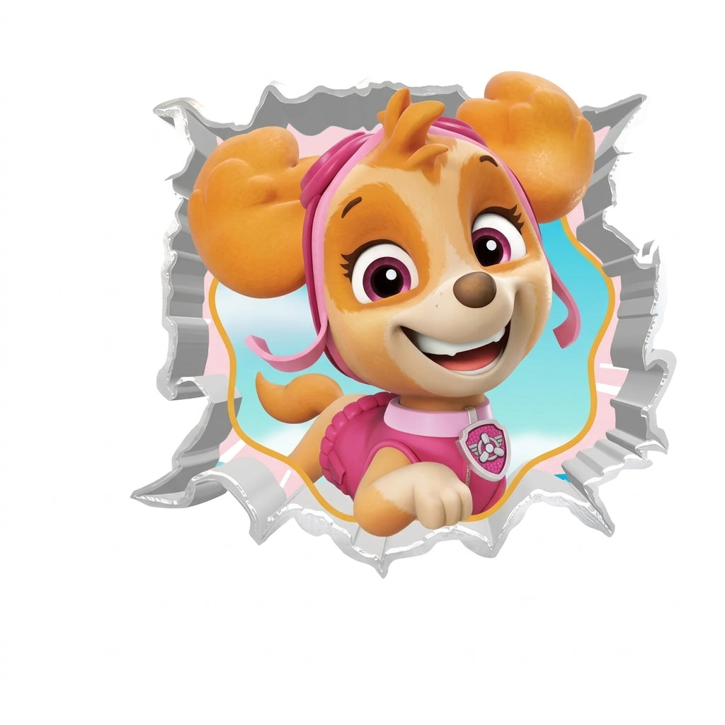 Sticker mural 3D Pat' Patrouille Stella, effet trompe-l'œil mur cassé, autocollant repositionnable pour chambre d'enfant