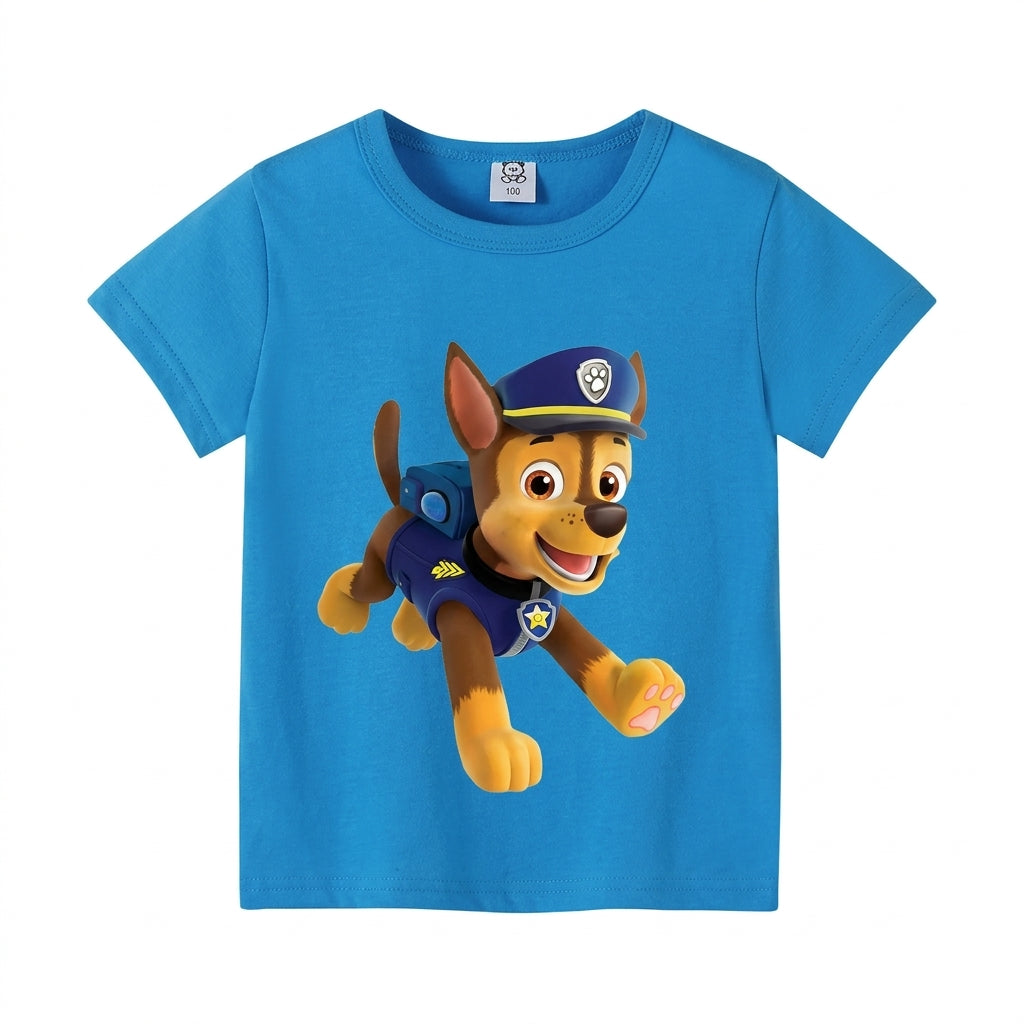 T-shirt Pat' Patrouille bleu à manches courtes, Chase debout imprimé sur le devant