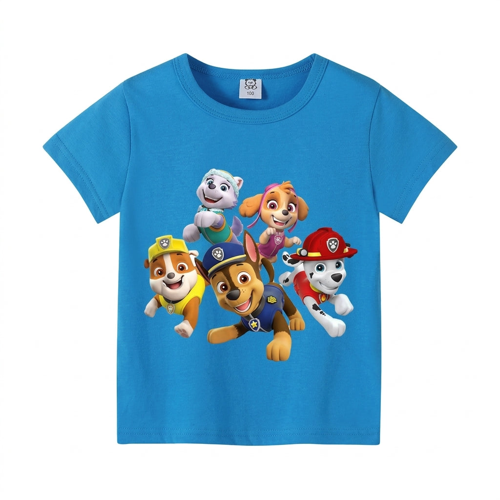 T-shirt Pat' Patrouille bleu, les six chiots réunis imprimés sur le devant