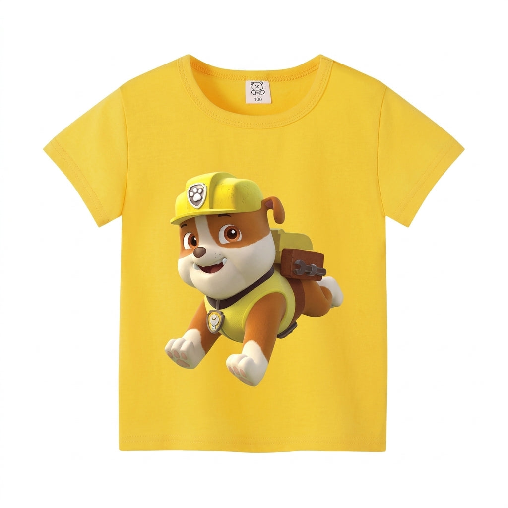 T-shirt Pat' Patrouille jaune, Ruben debout avec son casque imprimé sur le devant