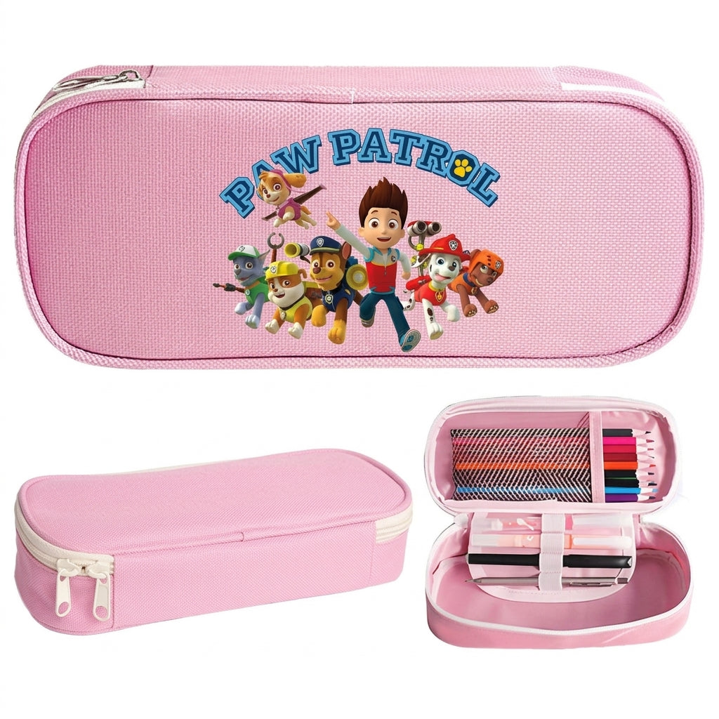 Trousse Pat' Patrouille rose, Ryder entouré des chiots de la patrouille, trousse plate à fermeture éclair