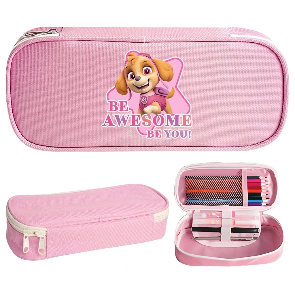 Trousse Pat Patrouille rose rectangulaire, fermeture éclair, motif Stella sur le devant.