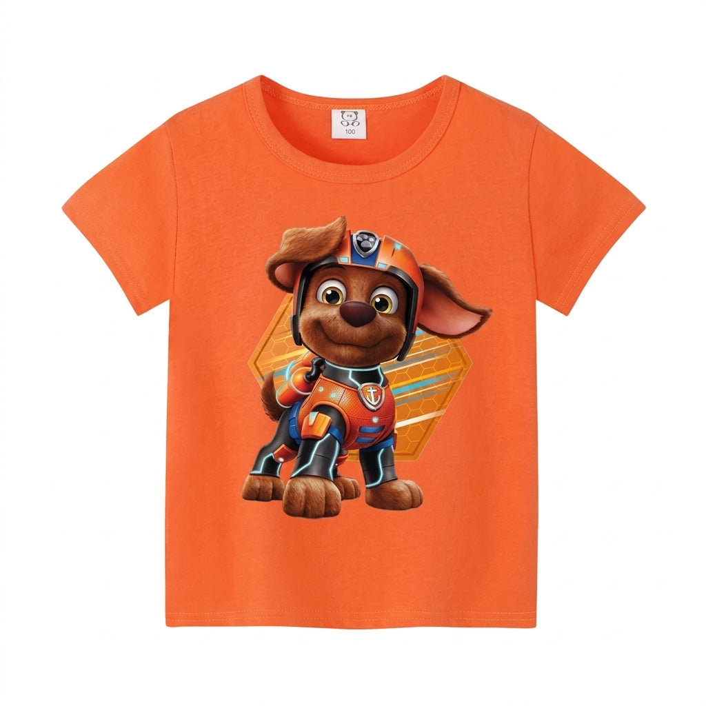 T-shirt Pat Patrouille orange avec personnage Zuma en tenue, manches courtes