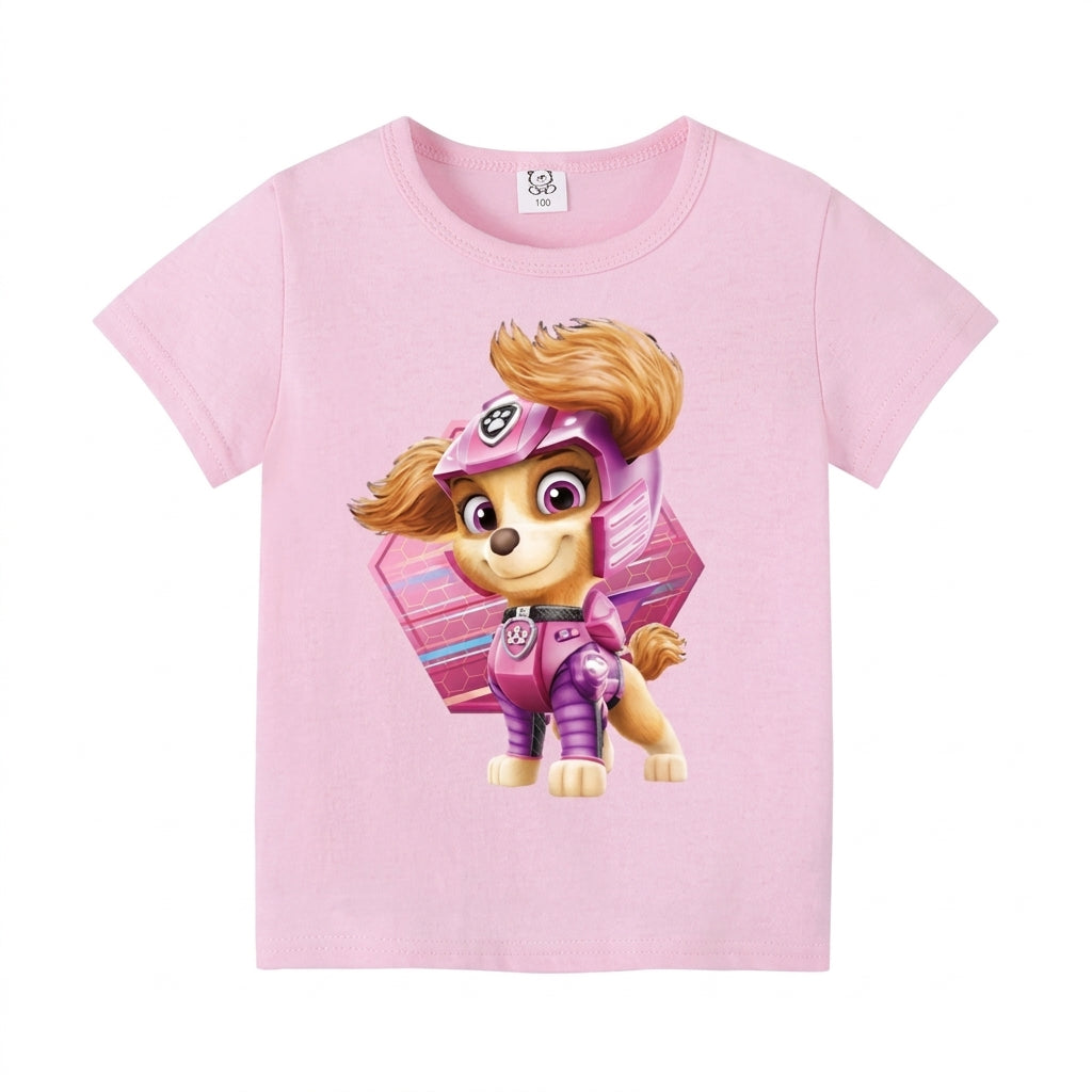 T-shirt rose Pat Patrouille avec personnage Stella en tenue violette, manches courtes