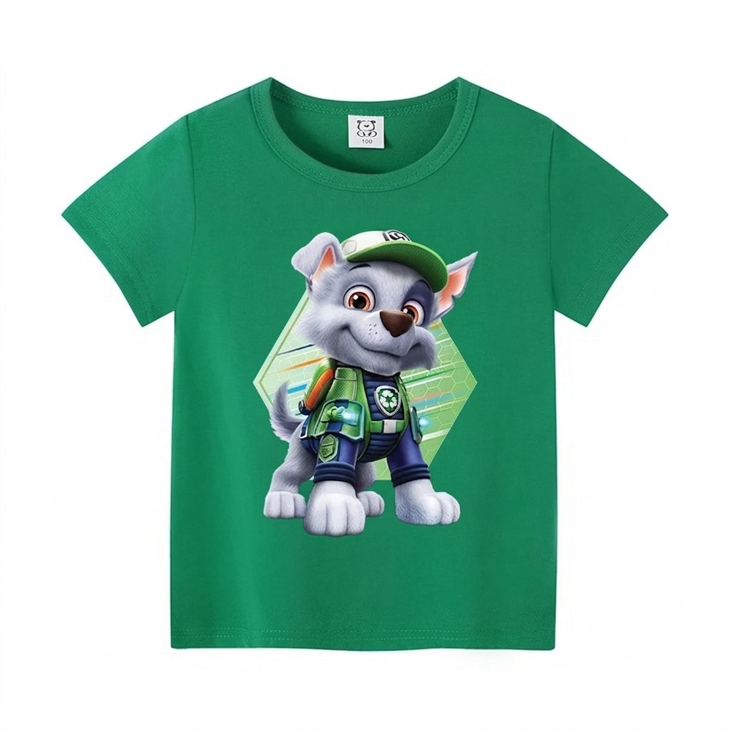 T-shirt vert col rond imprimé Rocky Pat Patrouille en tenue, manches courtes