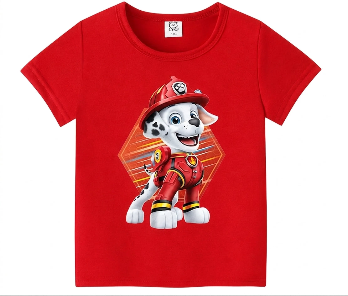 T-shirt rouge enfant Pat Patrouille avec Marcus en tenue devant