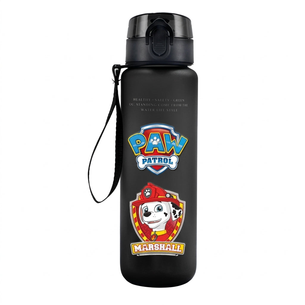 Gourde noire 650 ml avec bouchon et dragonne, décor Pat' Patrol Marshall