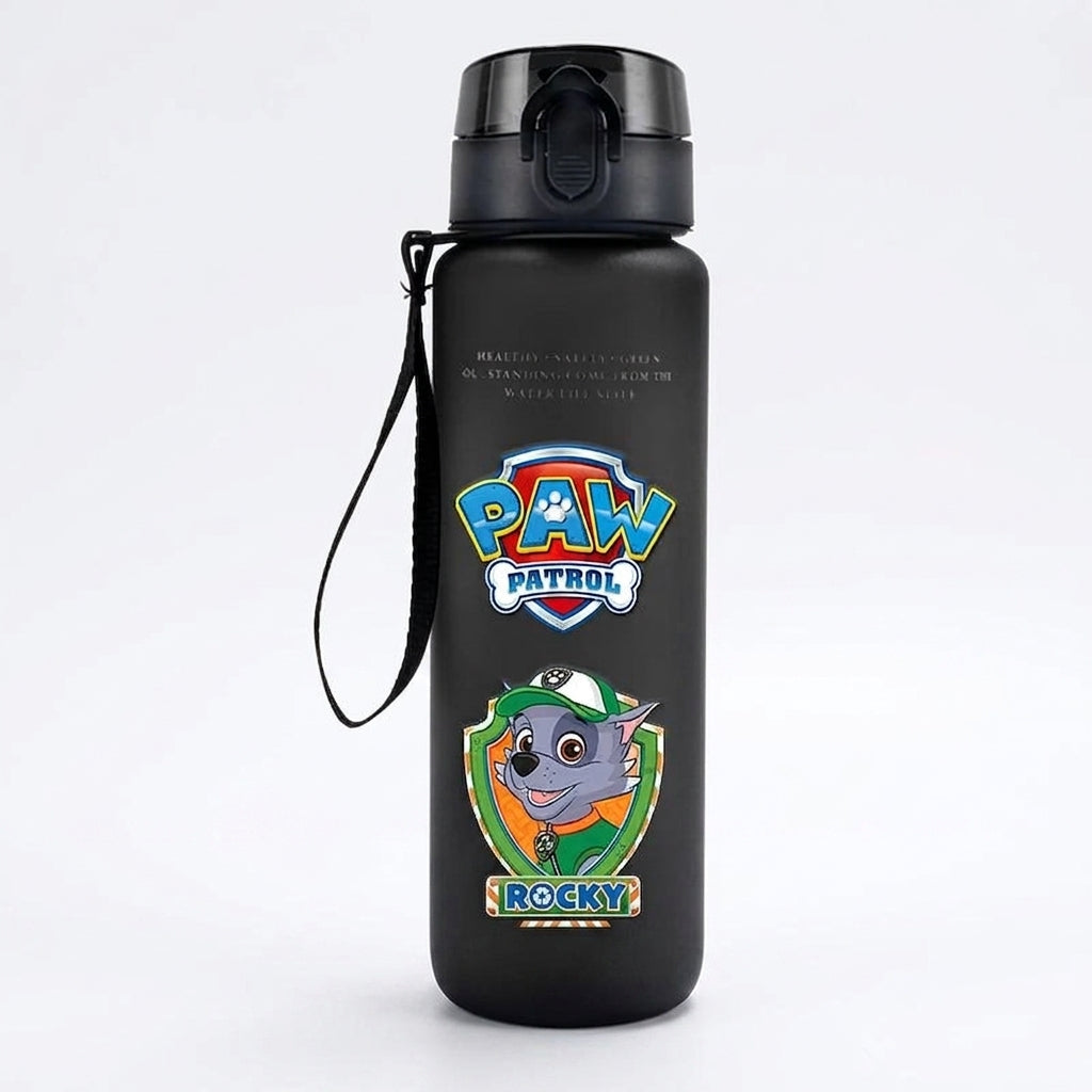 Gourde noire Rocky 650 ml avec bouchon et dragonne, motif Pat' Patrouille.