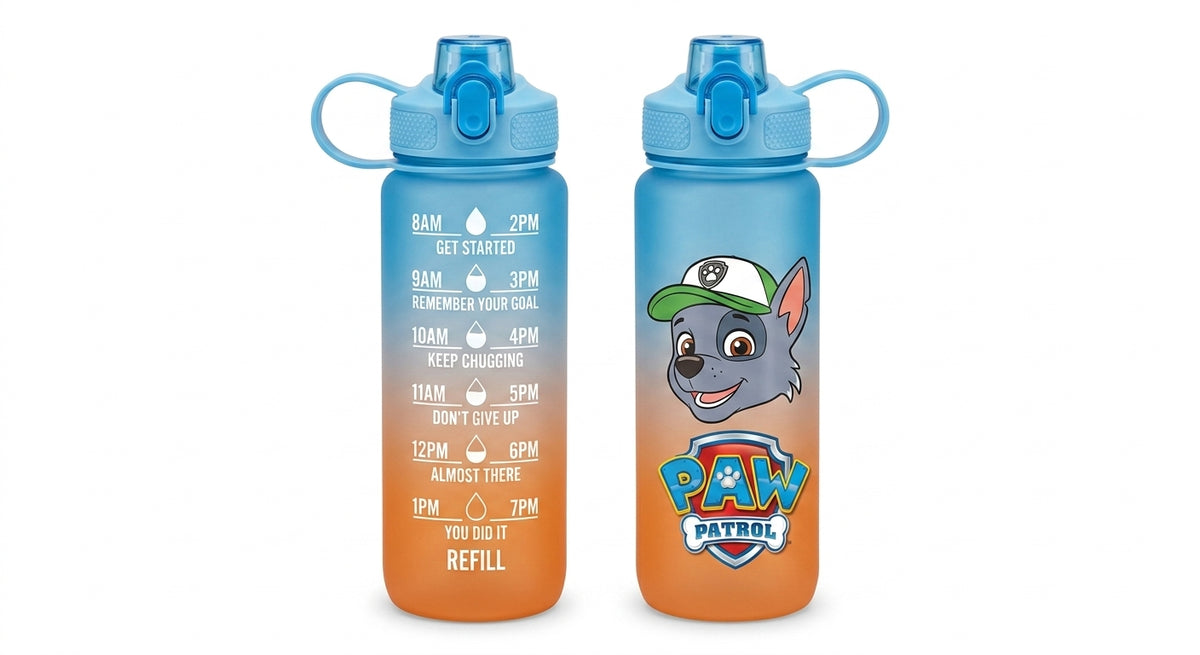 Gourde Pat Patrouille 750 ml bleu et orange, bouchon, motif chien en vert.