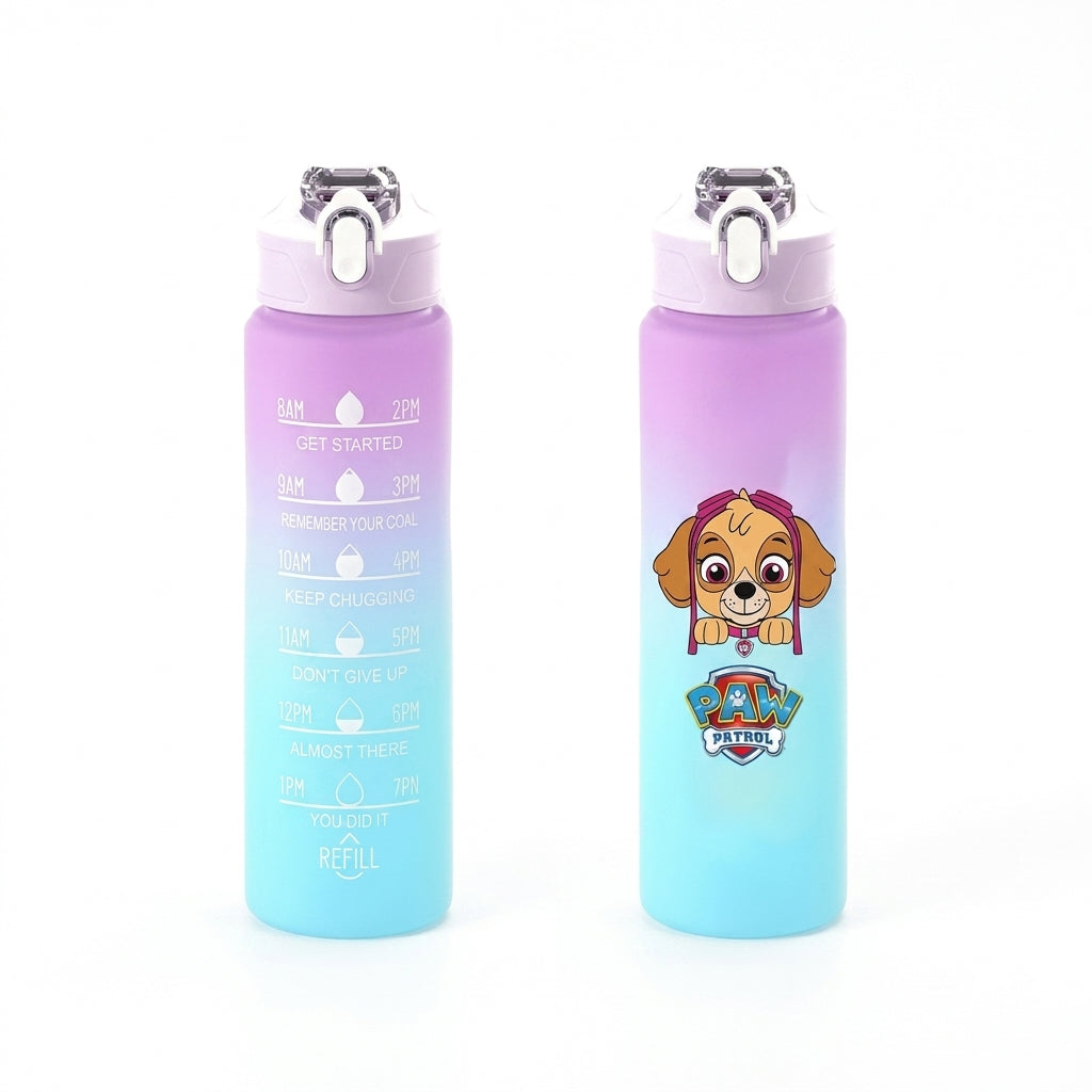 Gourde 750 ml violette et turquoise, bouchon argenté, texte de remplissage et chiot Pat' Patrouille
