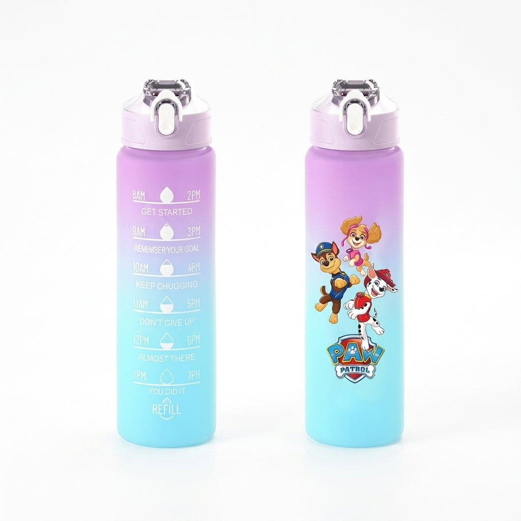 Gourde Pat Patrouille 750 ml dégradé violet à bleu, motif équipe de chiots au milieu.