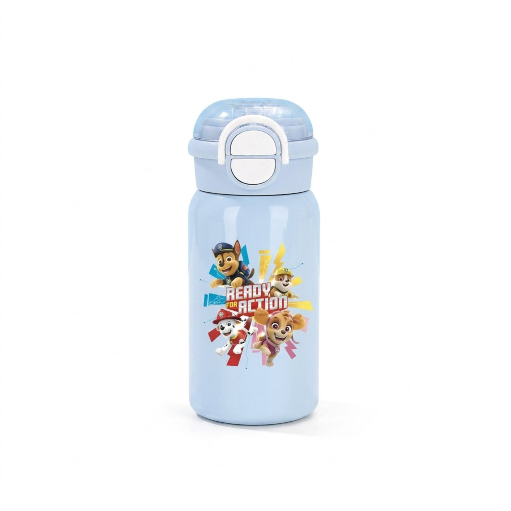 Gourde bleue Pat Patrouille avec bouchon transparent et poignée, illustration Ready for Action.