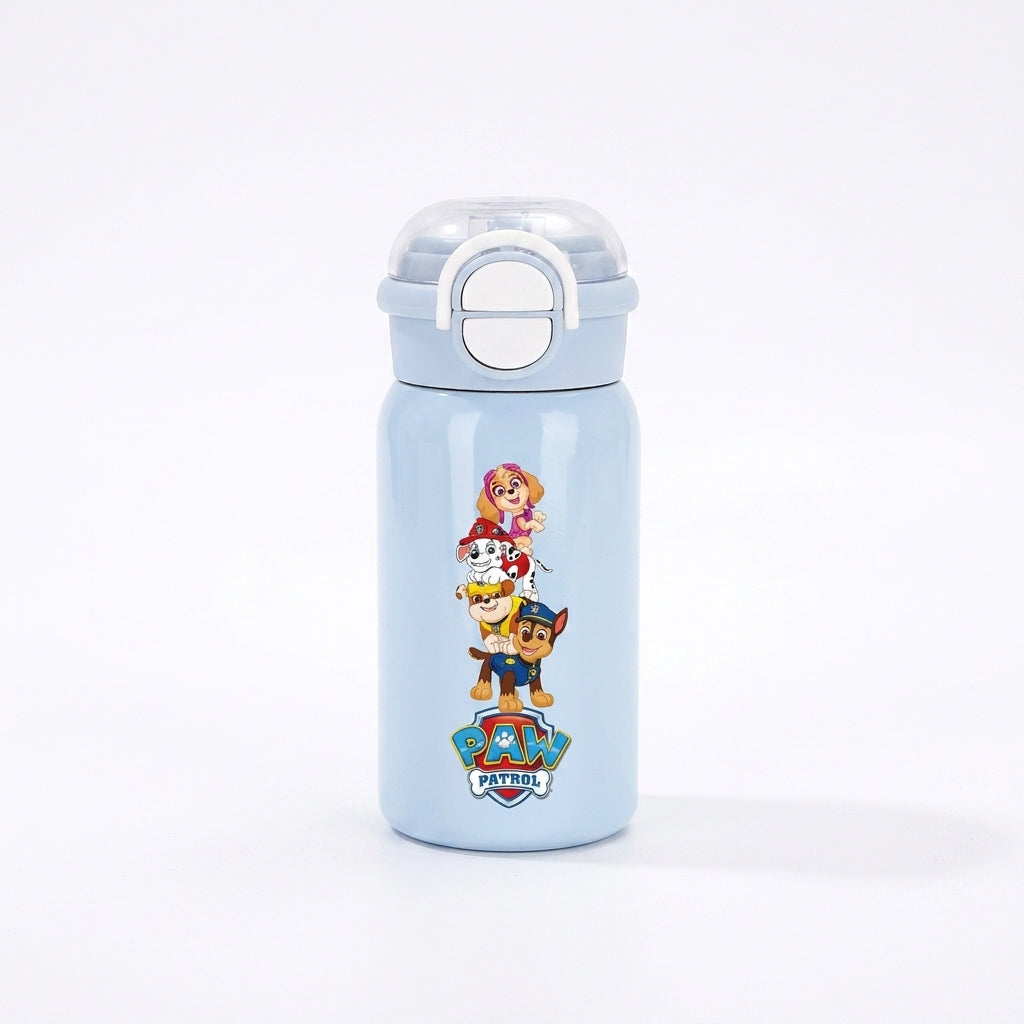Gourde bleue Pat Patrouille avec bouchon transparent et poignée, personnages et logo Pat' Patrouille.