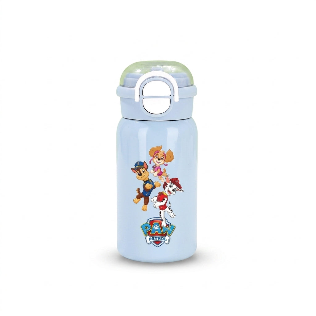 Gourde bleue Pat Patrouille avec bouchon transparent et poignée, trois chiots et logo Pat' Patrouille.